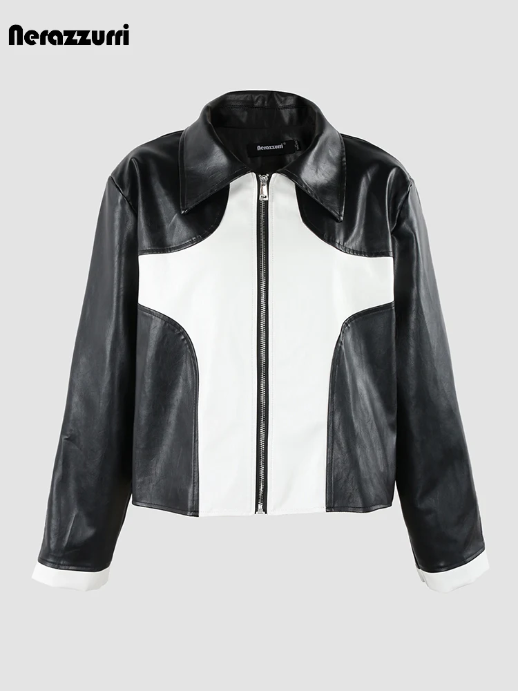 Nerazzurri Spring Autumn White and Black Color Block Pu Leather Jacket Women Zipper Oversized Cool Boyfriend Unisex Clothes 2023