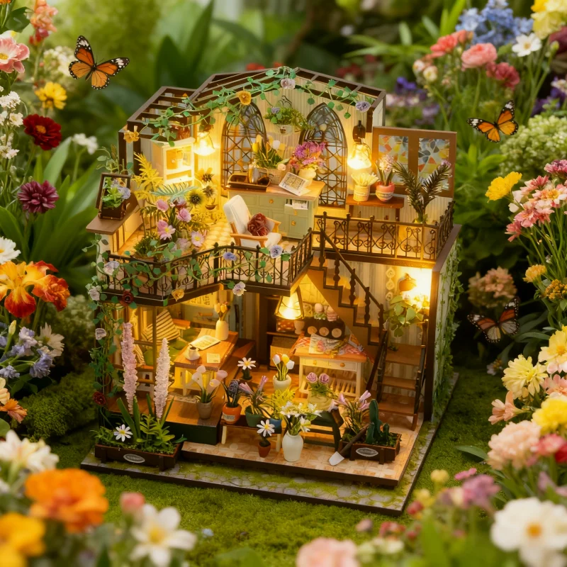 OUZEY Victorian Bloom Cottage DIY، بيت زهور خشبي ثلاثي الأبعاد من طابقين، هدية كلاسيكية للمراهقين #4
