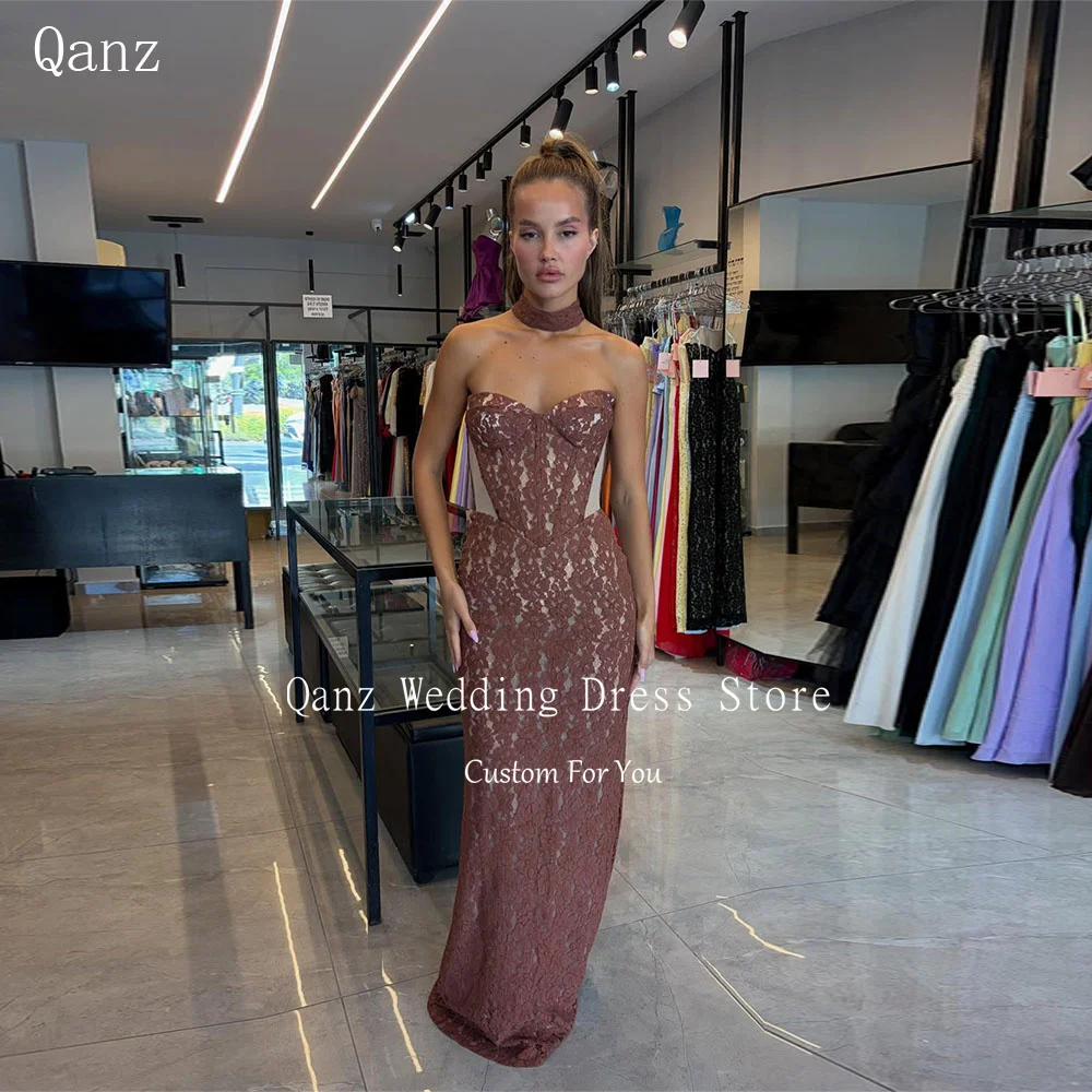 

Qanz Brown Lace Prom Dress Strapless Mermaid Chic Lace Appliques Evening Dresses Women Backless Slit Party Gowns Customized