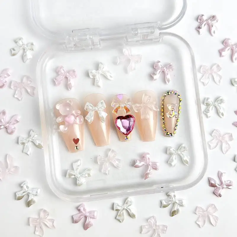 50pcs 3D Sweet Pearly Glossy Ribbon Bow Resin Nail Charms Ballerina Bow Tie Nail Art Decoration Nail Accessories Manicure 2030