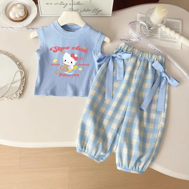 

Hello Kitty Anime Kawaii Sanrio Ins Casual Two-piece Set Cute Cartoon Vest Pants Fashionable Casual Clothes Gifts for Kids