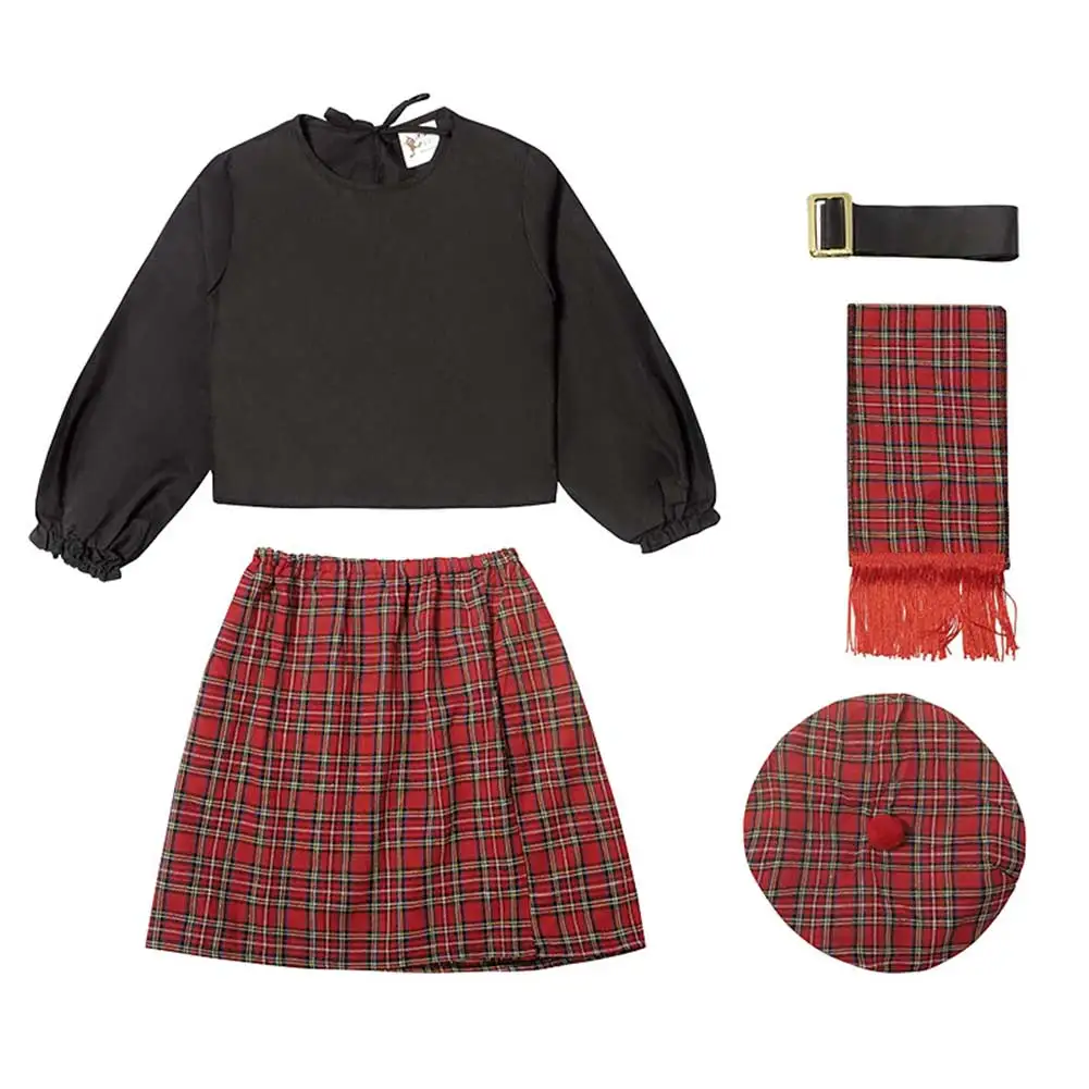 Scottish Kids Girls Boys Red Plaid Skirt Cosplay Costume Hat Stage Performance Hoodie Skirt Scarf Pants Halloween Party Suit