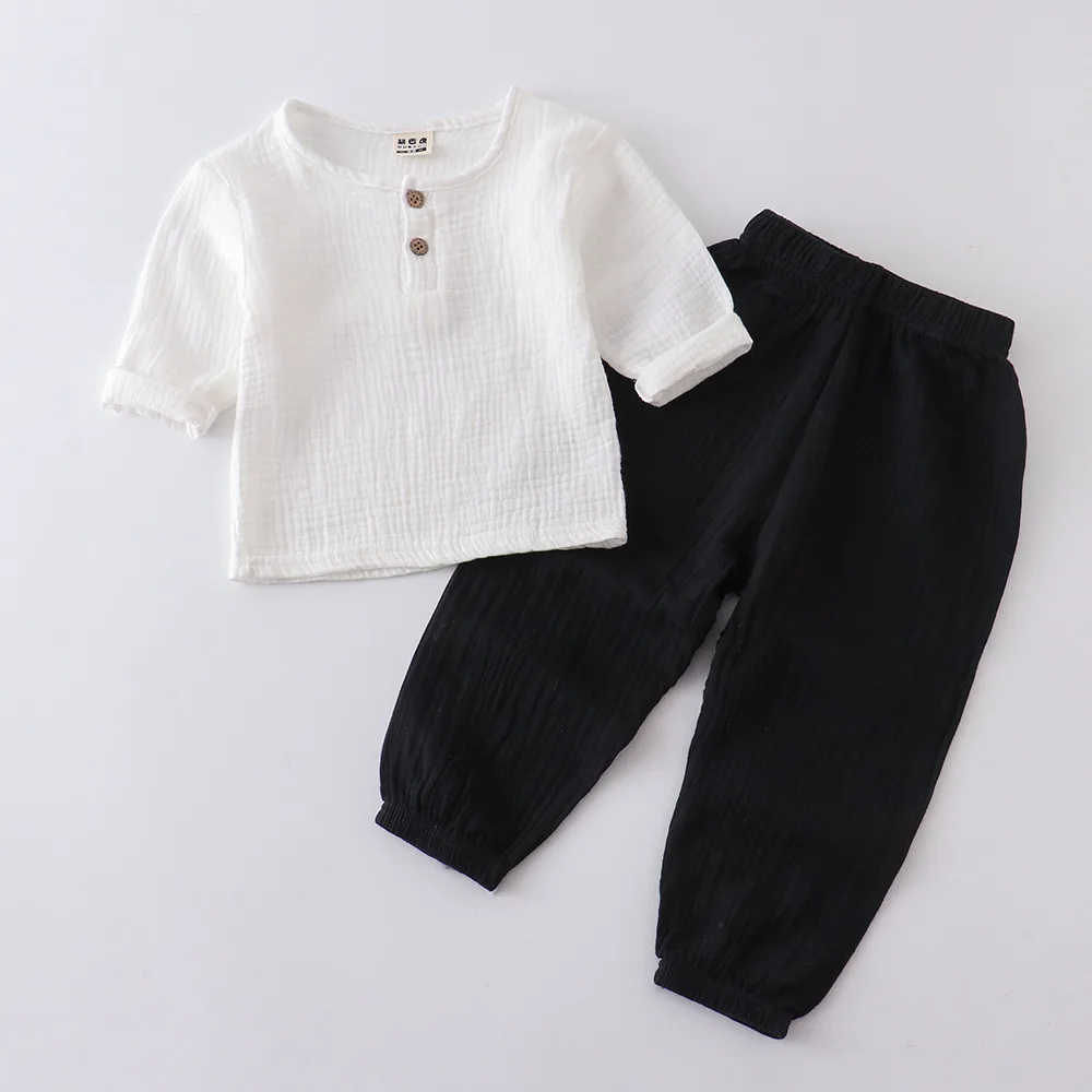 Children's Spring/Summer Cotton and Hemp Long Sleeve Set for Boys and Girls' Thin Solid Color Leggings Two Piece Set