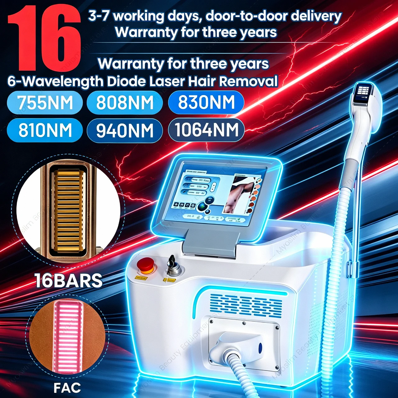5000W FAC 6Wavelength 808nm 940nm1064nm755nm Diode Laser Shots SalonProfessional Portable Painless Hair Removal Machine