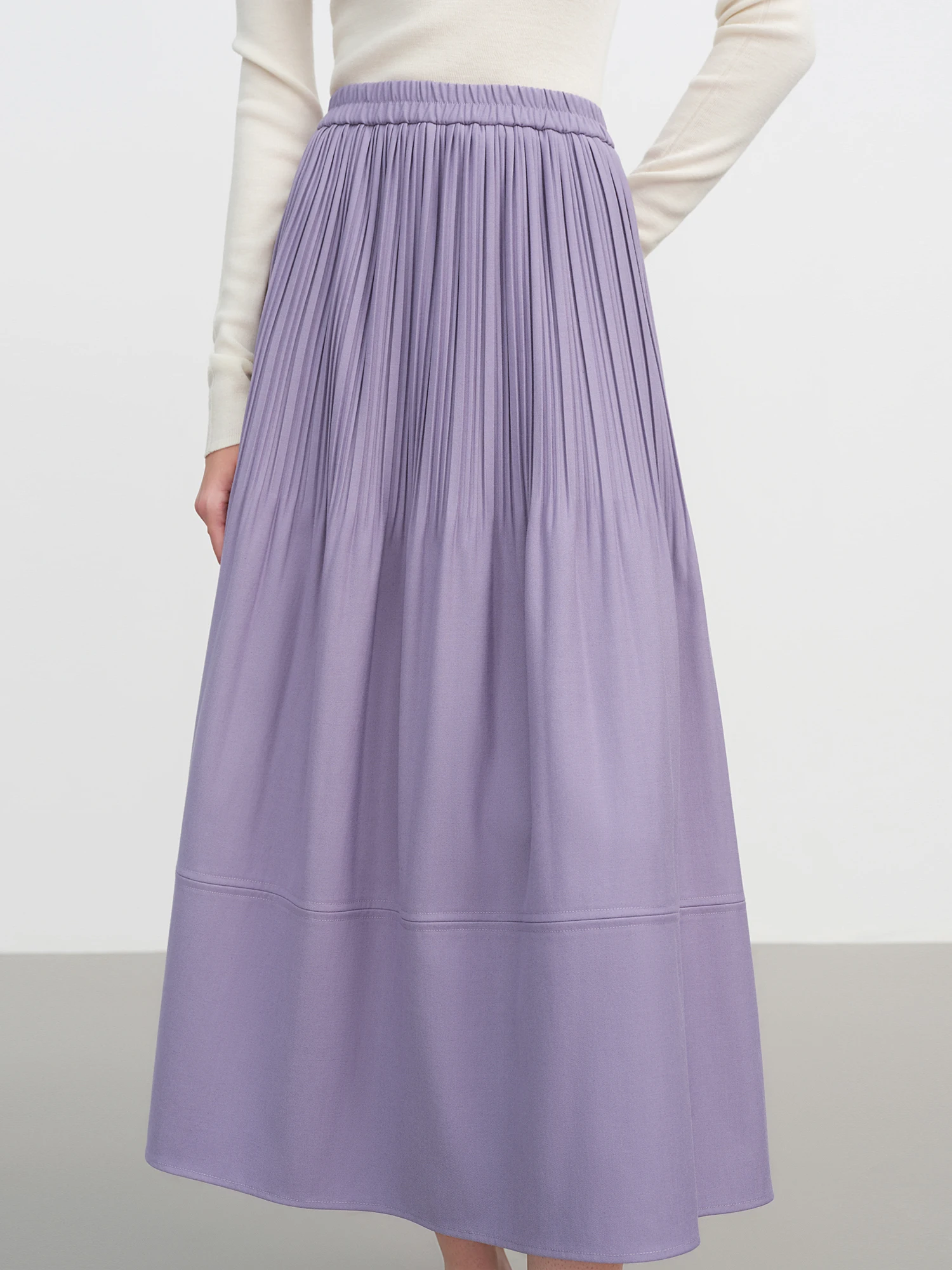 FSLE 2025 新作 レディース フレンチスタイル オンブレ プリーツ Aライン ミディスカート パープル ハイウエスト エレガント ティアード ラッフル ストレッチウエスト カジュアル