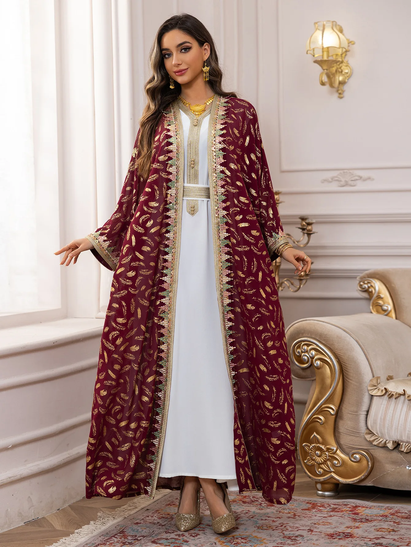 Robe Maxi Deux Pièces avec Ceinture pour Femme Musulmane, Abayas de Luxe pour Ramadan, Dubaï, Estampage Or, Kaftan, Kimono Eid Jalabiya