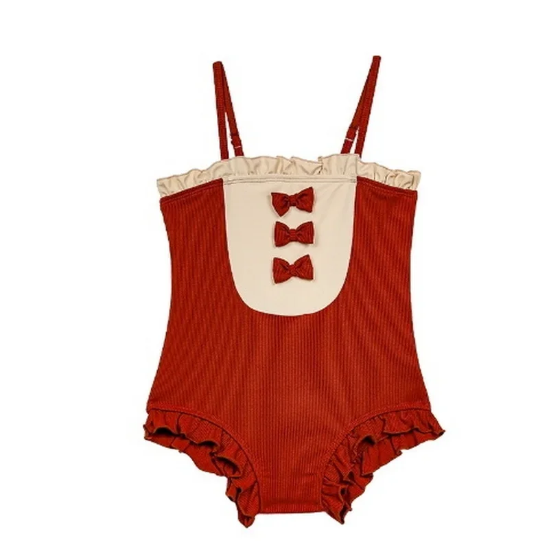 Girls Quick Drying Clothes Wine Red Cute Bow Agaric Edge Sling One Piece Swimwear Fashion Kids Beach Vacation Swimsuit  H01211