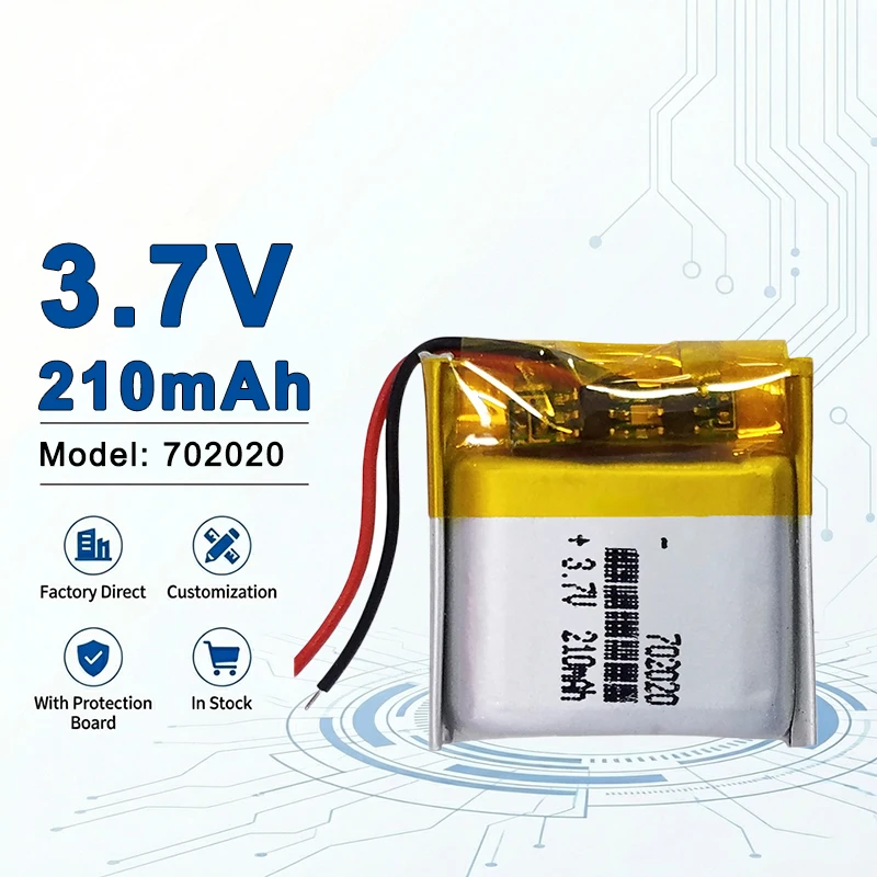 

Литий-полимерный аккумулятор 702020 3.7V 210mAh, сертифицированный CE, ROHS, REACH, для электроники на рынках ЕС и США (модели 702025, 702030, 606090, 805080, 105555, 124065)