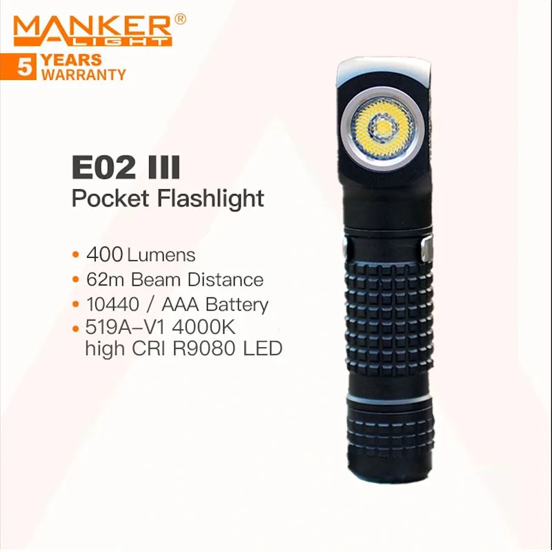 MANKER E02 III EDC Pocket Flashlight, 400 Lumen,Powered 10440/AAA Battery,Magnetic Tail,10 Lighting Modes (Black,4000K High CRI)