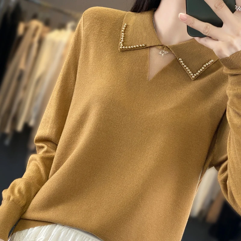 Polo Collar Hollow Out Long Sleeved Sweater for Women, Knit Top, Base Pullover, Spring and Summer, 2022