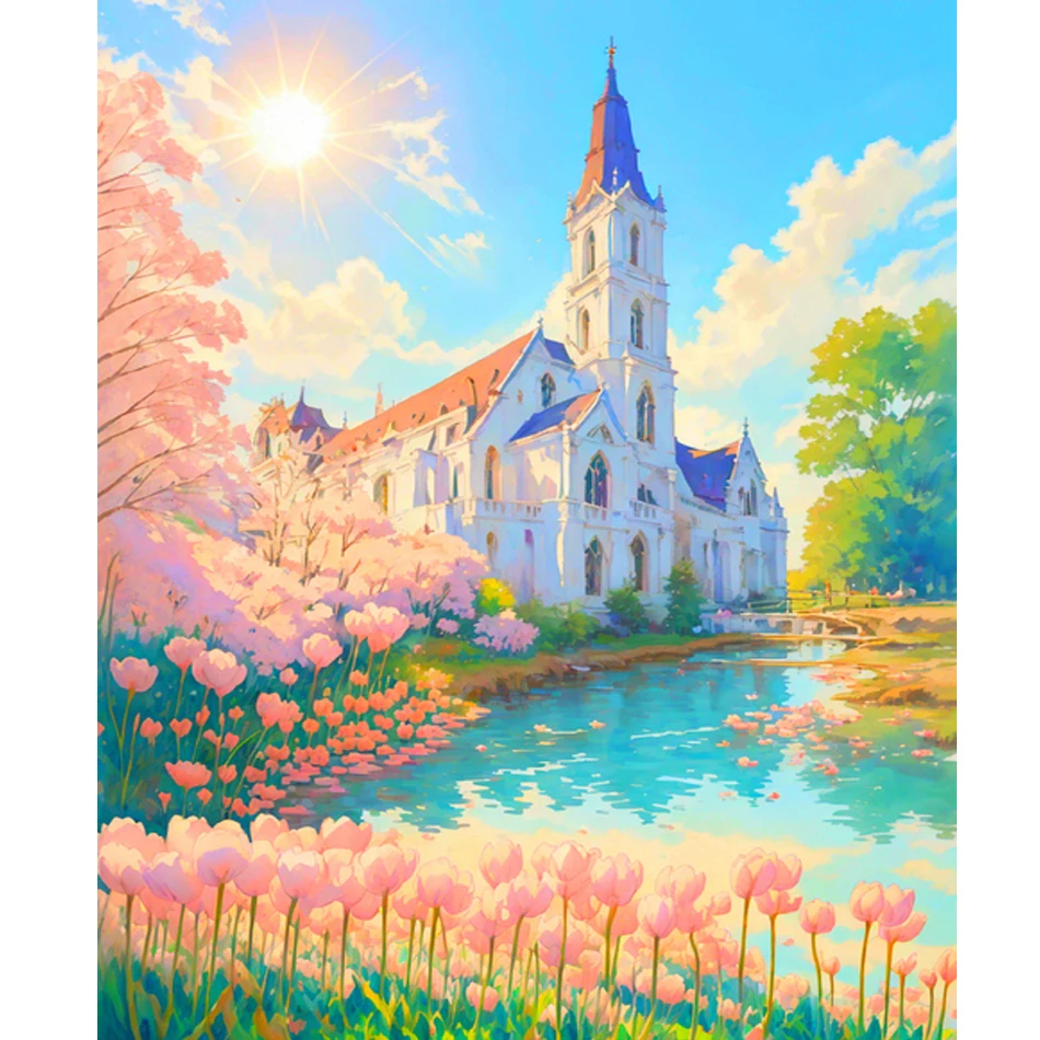 

RUOPOTY Modern Diy Painting By Numbers With Frame Castle And Flowers Handpainted Acrylic Paint By Numbers For Home Decors