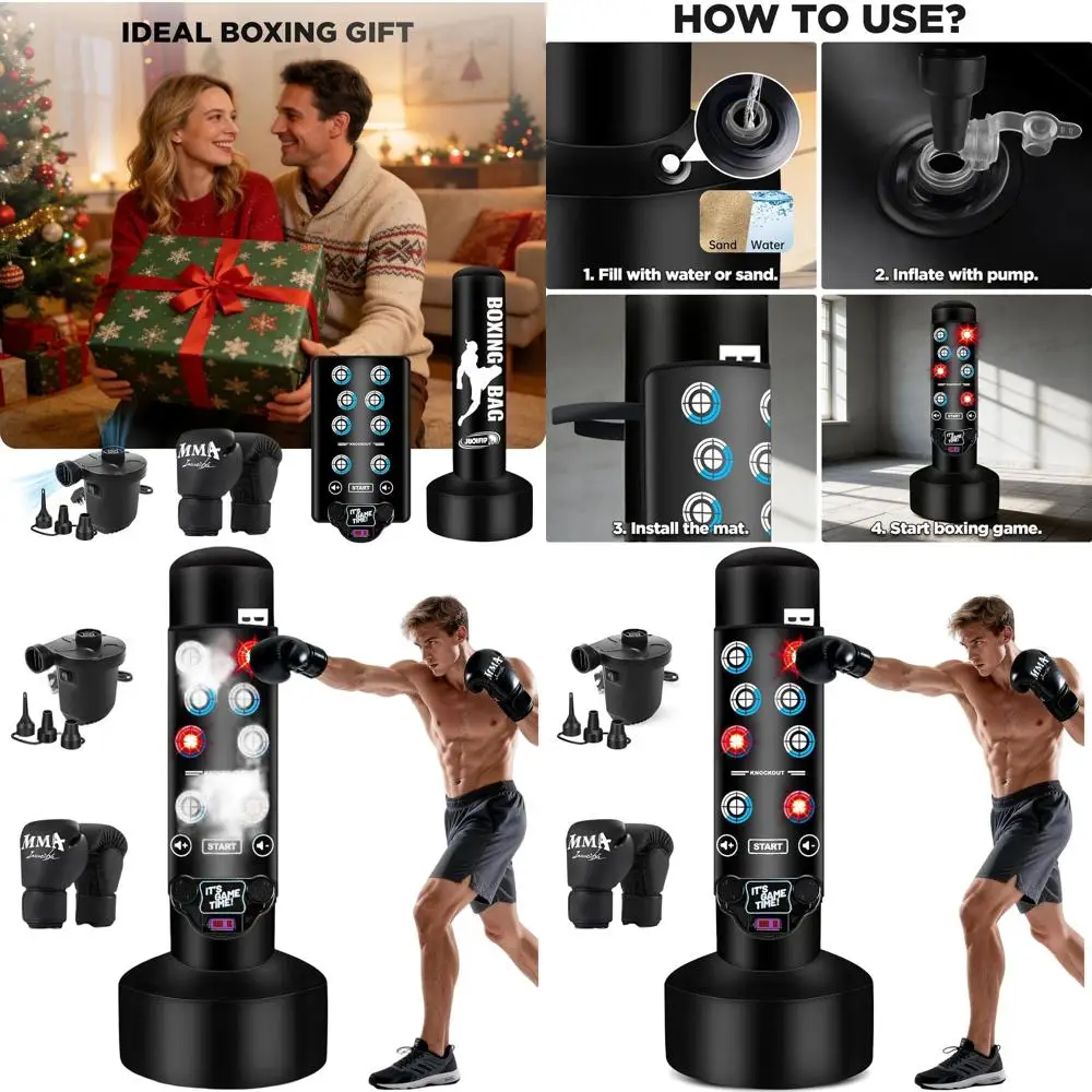 

Upgraded Punching Bag for Adults with Interactive Boxing Music Mat, 69'' Boxing Bag with Scoring, Light, Music Pad, Boxing Glove