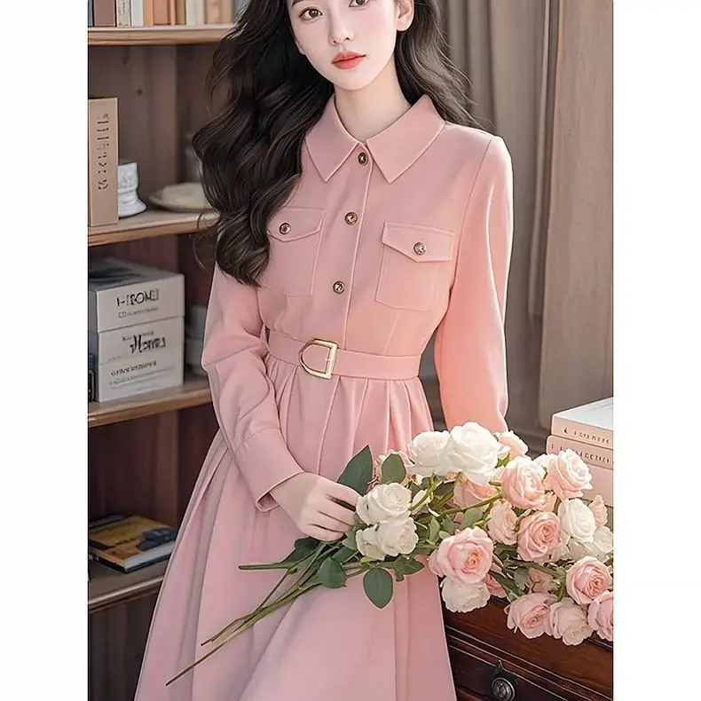 Korejepo Premium Early Autumn Dresses French Fragrance Goddess Formal Settings Waist Pink Long Sleeved Dress 2024 New Vestido