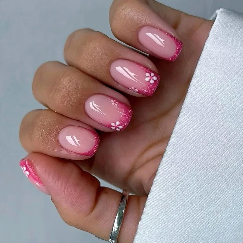 

Mini White Flower Glitter Powder Red Square False Nails Art Pearl Fake Nails Rhinestone Press on Nails Charms DIY Manicure Tools
