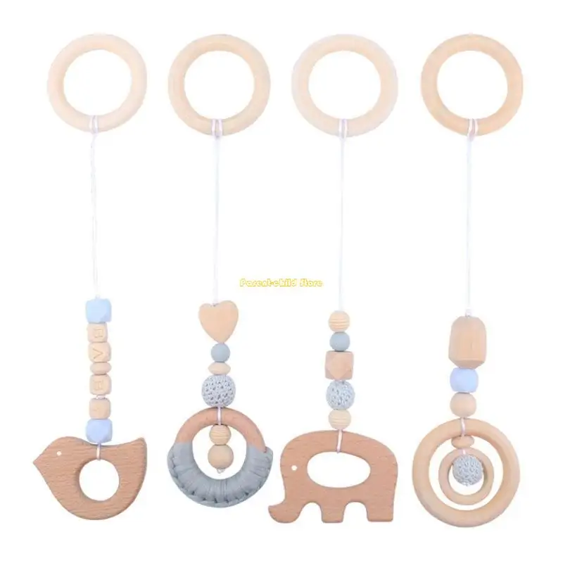 

WXTD 4 Pcs Baby Gym Frame Pendants Fitness Rack Stroller Crib Rattle Wooden Ring Beads Teether Hanging Mobile Bed