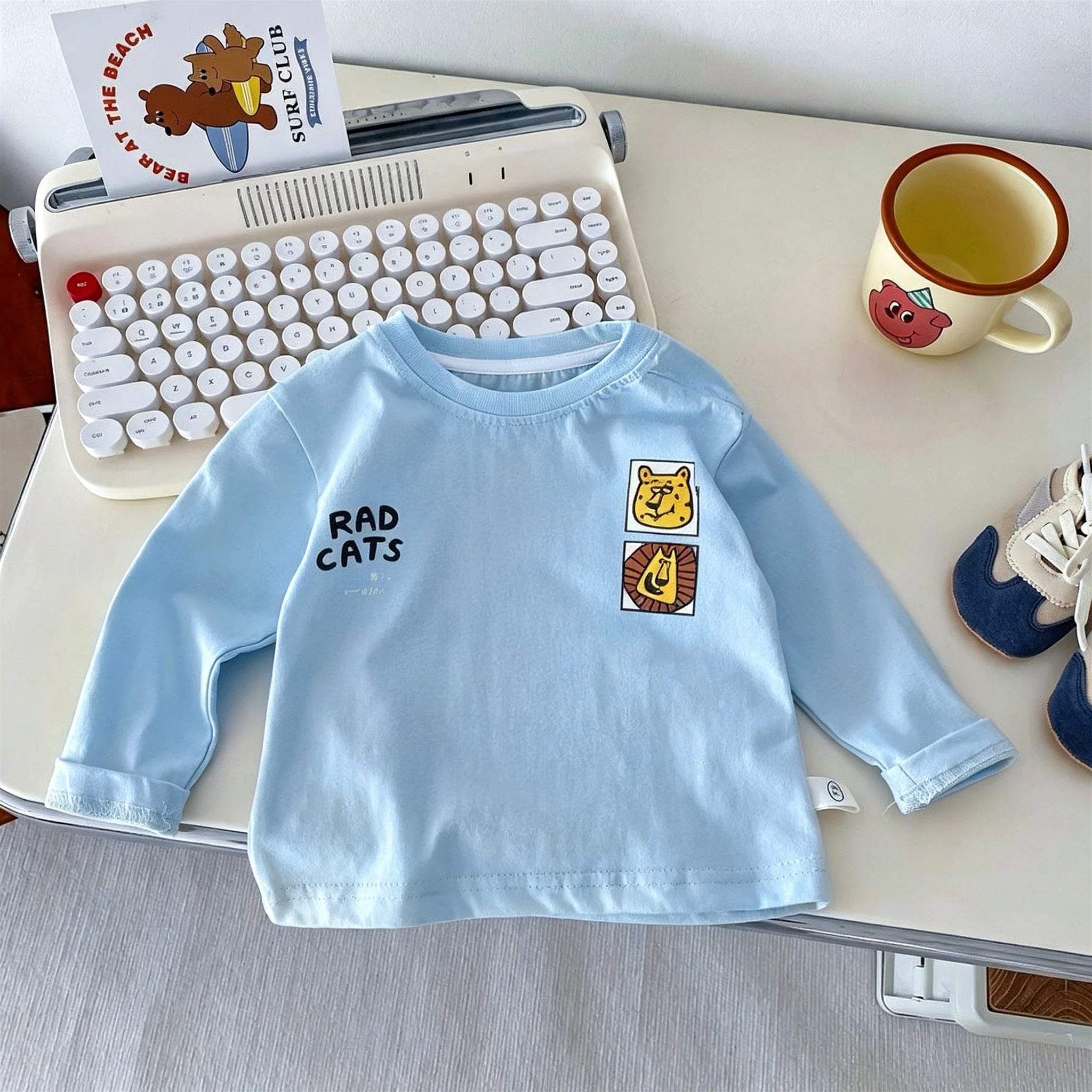 Solid Color Cartoon Pattern Kids Long Sleeve Tshirts Tops Autumn New Children's Clothes Round Collar Pullover Boys Base Shirts