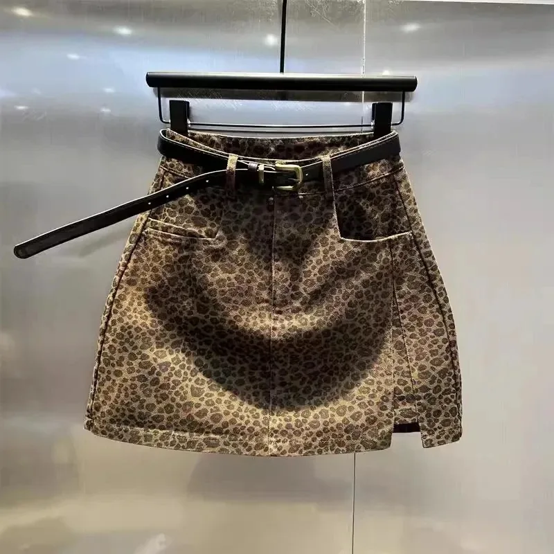 

Sexy Leopard Denim Skirt Women High Waist A Line Hottie Fall Winter Mini Skirts American Vintage Y2k Streetwear Simple Skirts