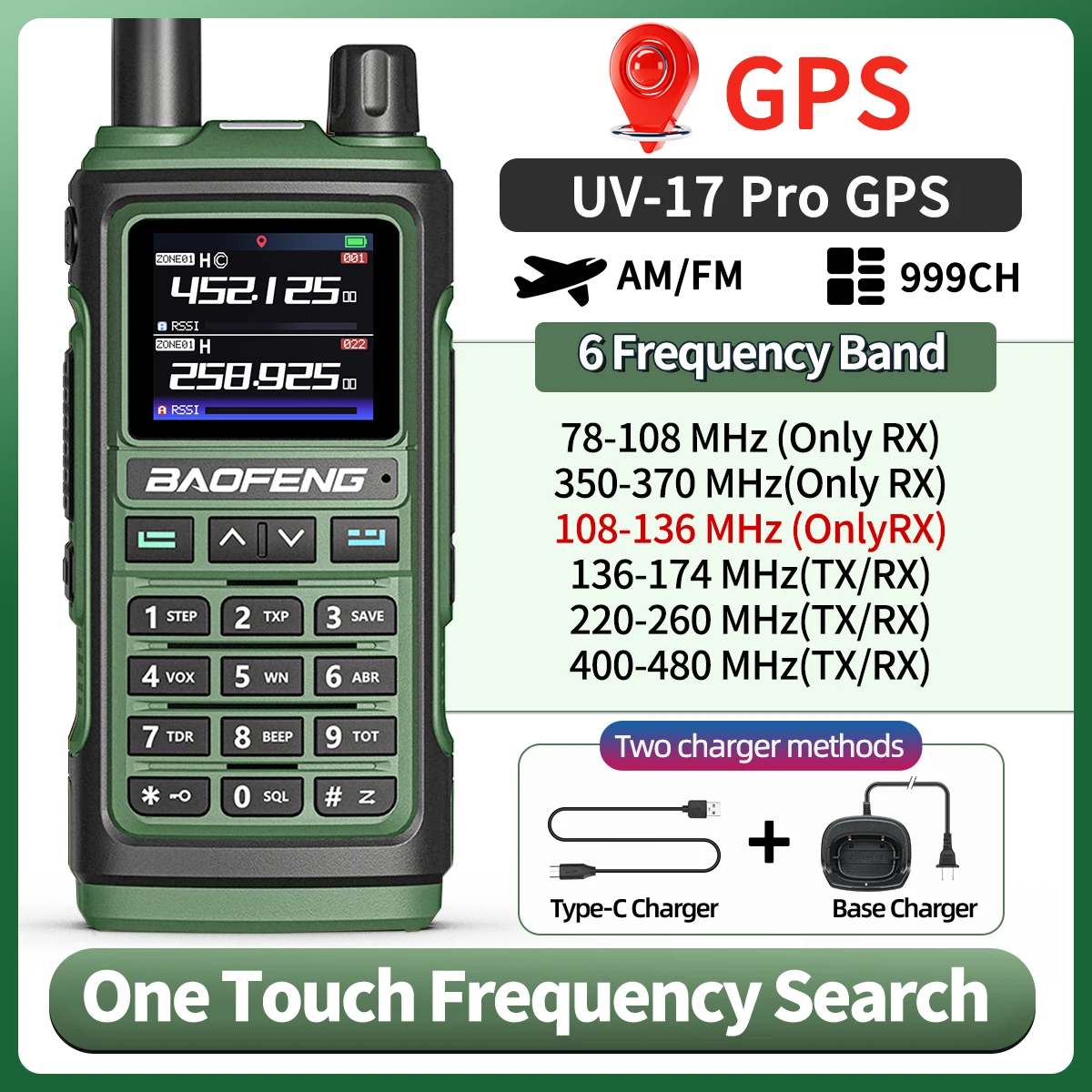 

Baofeng UV-17 PRO GPS Air Band Walkie Talkie High Power Copy Frequency NOAA Type- C 999CH For UV-5R K5 Ham Two Way Radio