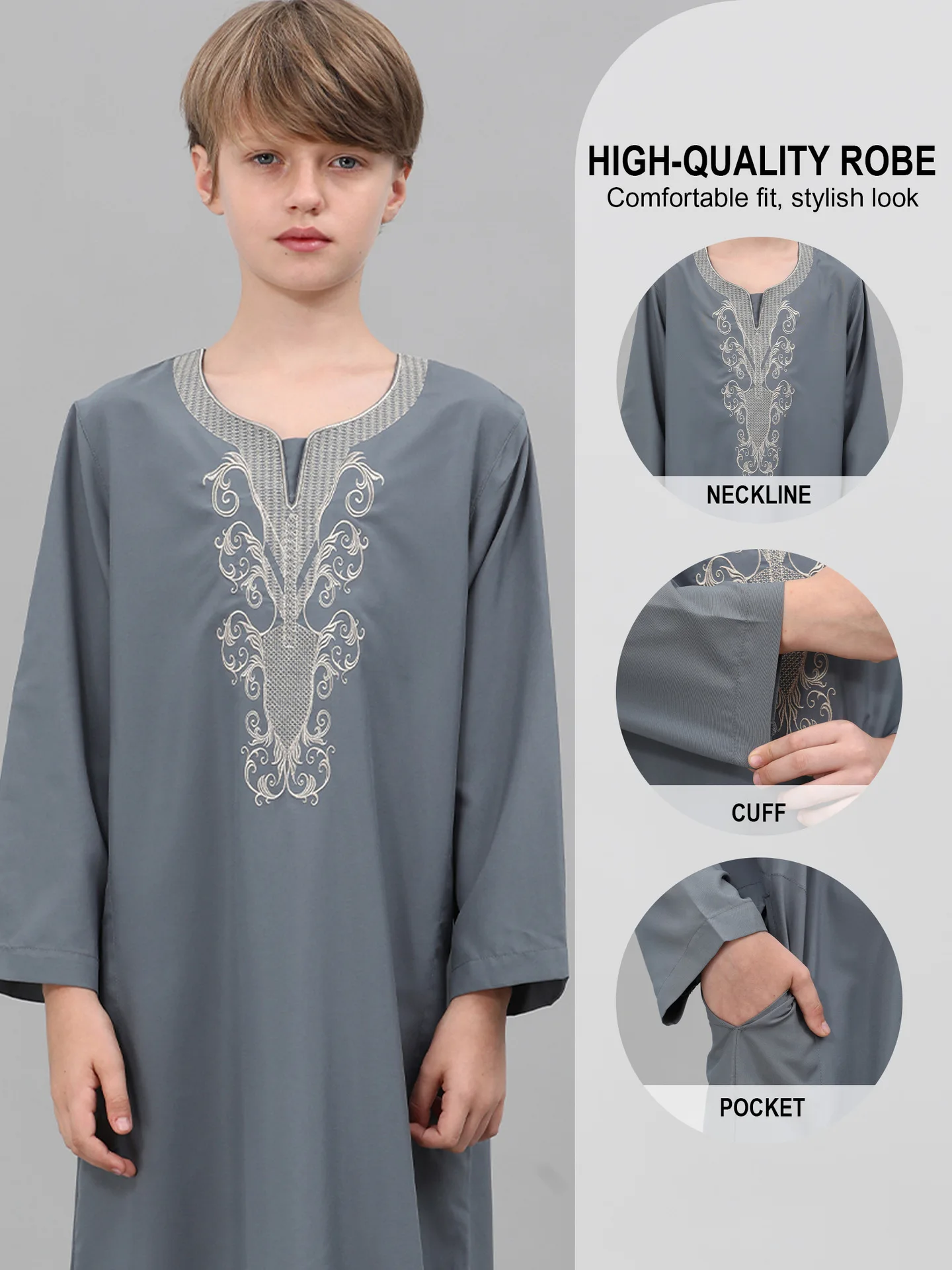 

Islamic Boys Long Sleeve Embroidered Jubba Thobe Muslim Robe Kids Kaftan Casual Arab Prayer Gown Children Middle Eastern Outfits