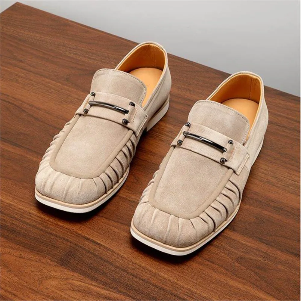 

Summer Minimalist Wrinkle Loafers Cow Suede Frosted Genuine Leather Slip on Square Toe Casual Leather Shoes Gray Khaki