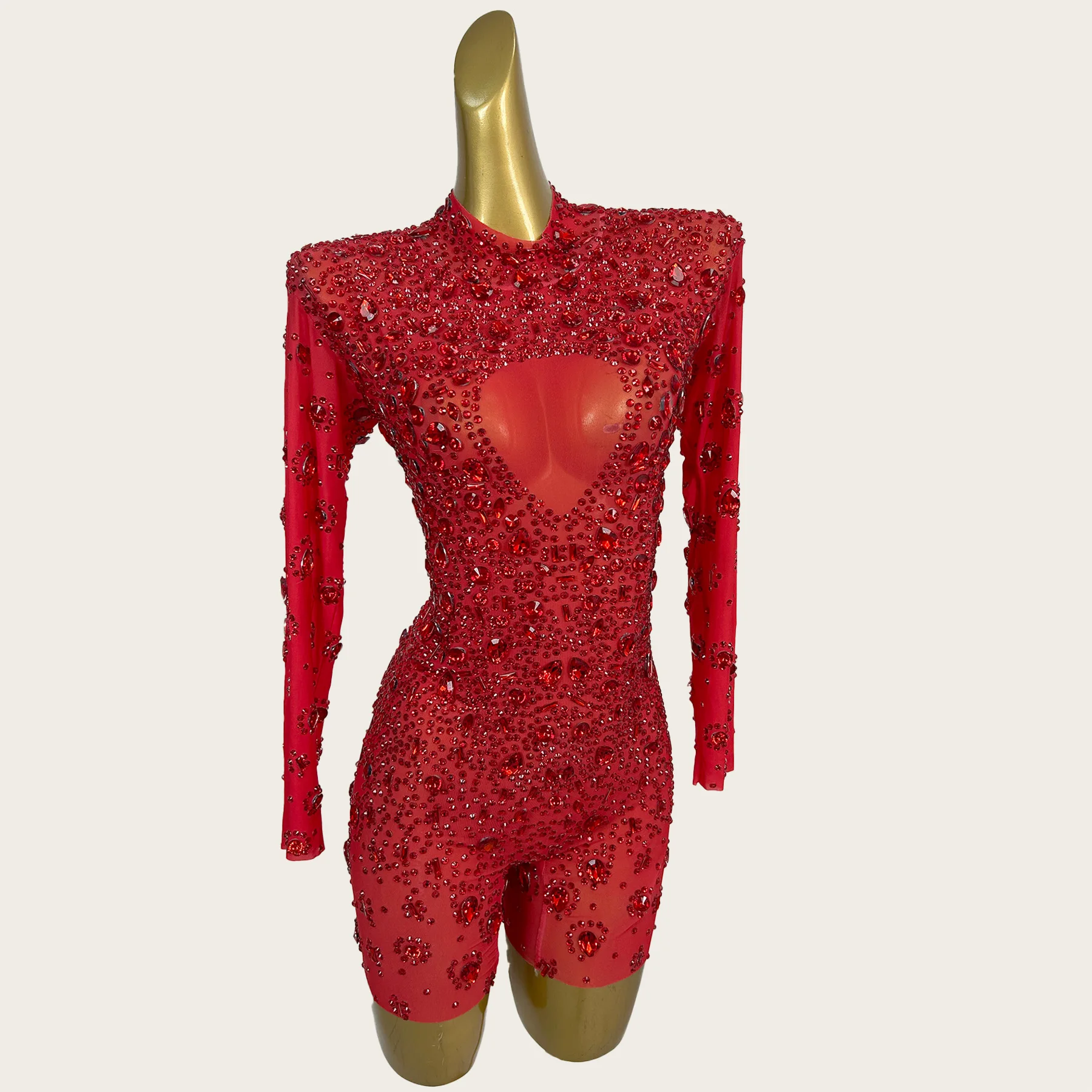 

Блестящий красный боди с сеткой и стразами, сексуальный, с длинными рукавами, для женщин, роскошный, для дня рождения, вечеринки, выступлений на сцене, Yuanquanxiong