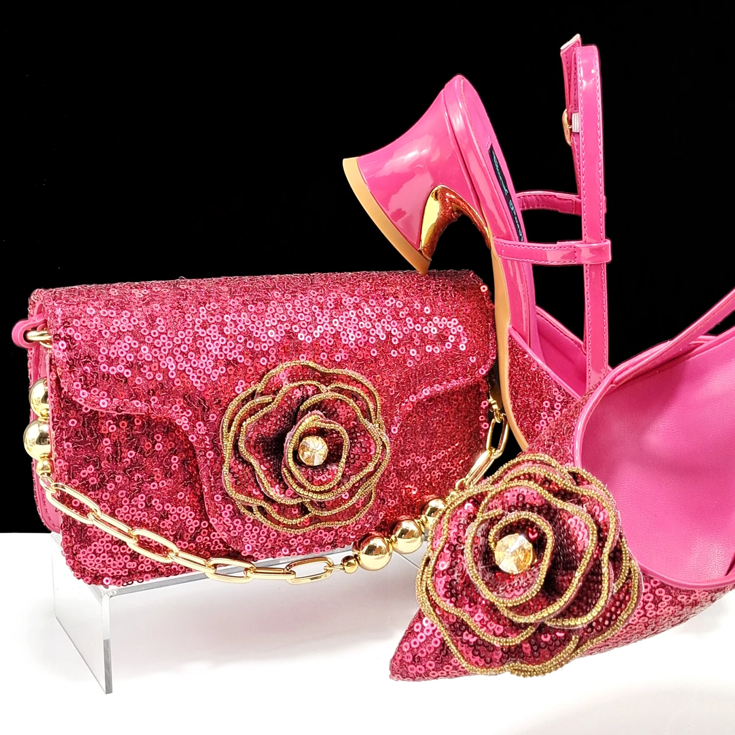 Hot Selling Fuchsia Color Flower Design Party Wedding Pointed Toe Lady Shoes and Bag Set Decorated With Rhinestone