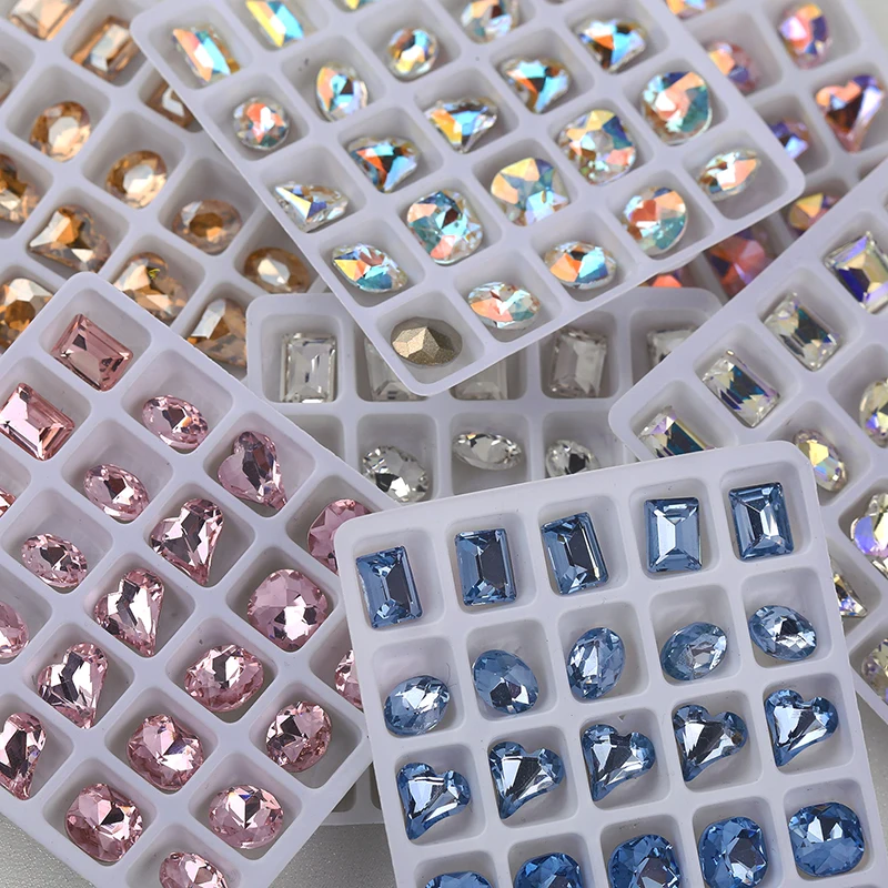 25 unids/caja de diamantes de imitación con purpurina para decoración de uñas, forma mixta, fondo afilado, abalorio de cristal grande para uñas, piedra Flash de alta calidad, calcomanía 3D DIY