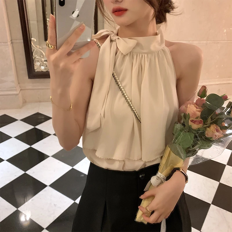 

Korean Sle Pure Desire oulder Bared Chiffon Top Women's Summer Hanging Ne Belted Svel irt round Ne ...