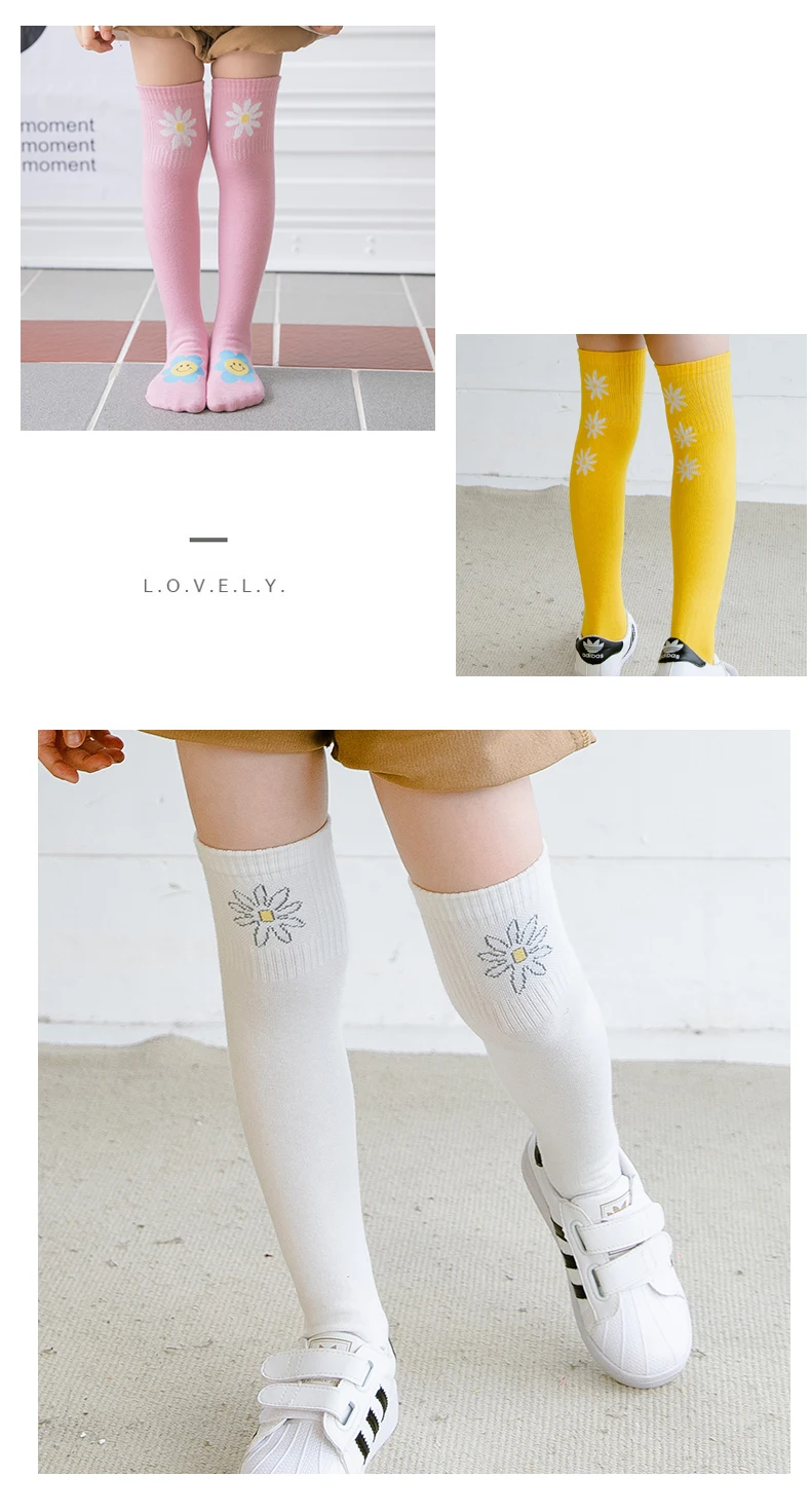 Frühling Baby Mädchen über Knies trümpfe niedlichen großen Lächeln lange Socken Kinder Mode Buchstaben Gänseblümchen Blumen Kind Säugling Mode Socken – Detail 11