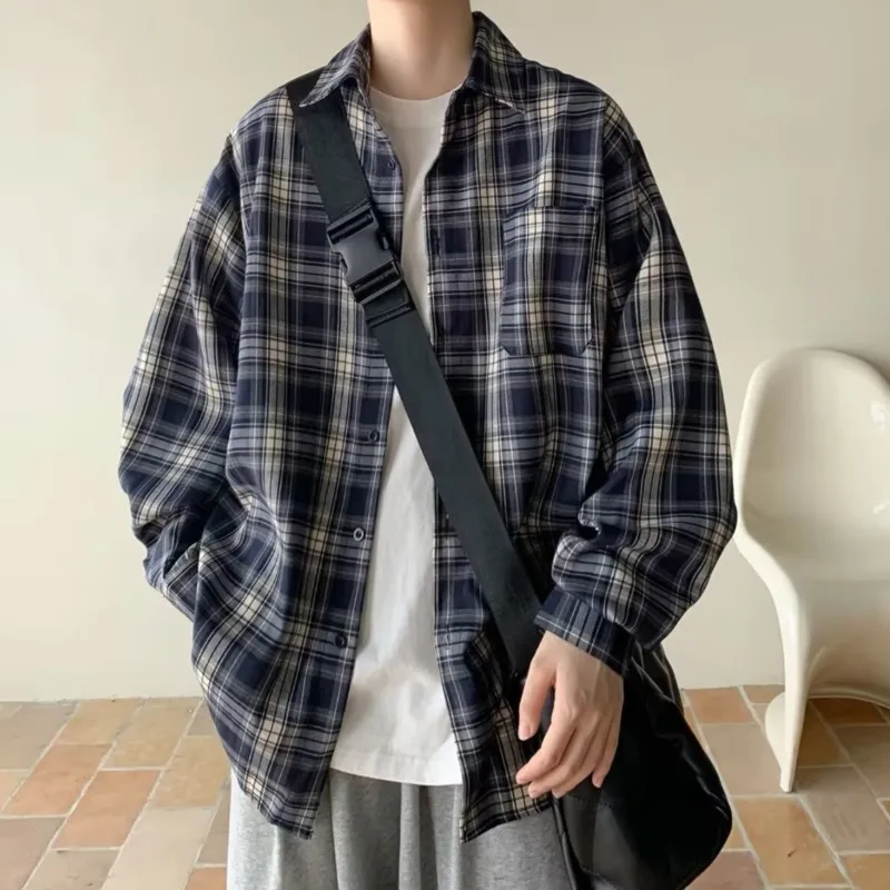 HKSH 春秋の新女性男性シャツチェック柄長袖シングルブレストポケットターンダウンカラー多用途レトロブラウス HK16976