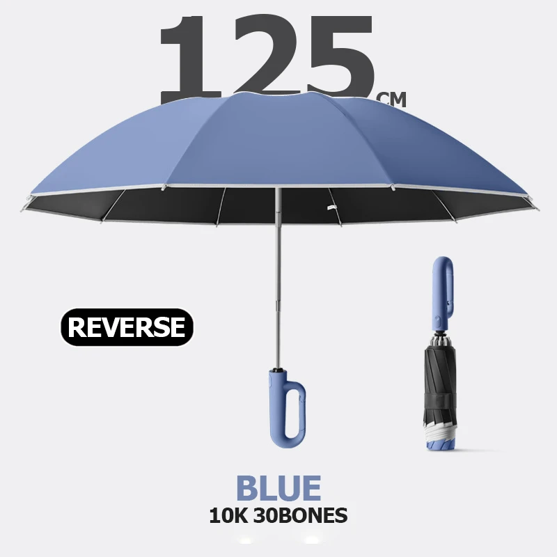 Großer, winddichter, starker Regenschirm mit reflektierendem Streifen, umgekehrter, automatisch faltbarer UV-Regenschirm für Regen, Sonne, Karabiner, Griff, Luxus