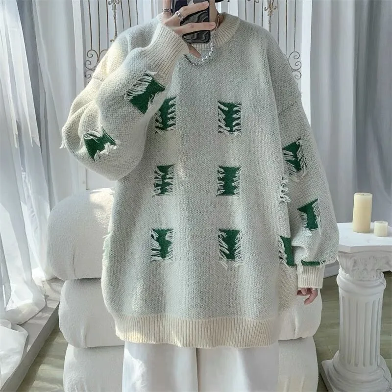 Pullover Man with Holes Aesthetic Korean Popular Clothes Top Autumnr and Winter Knitwear Y2k No Hoodie Knitted Sweaters for Men