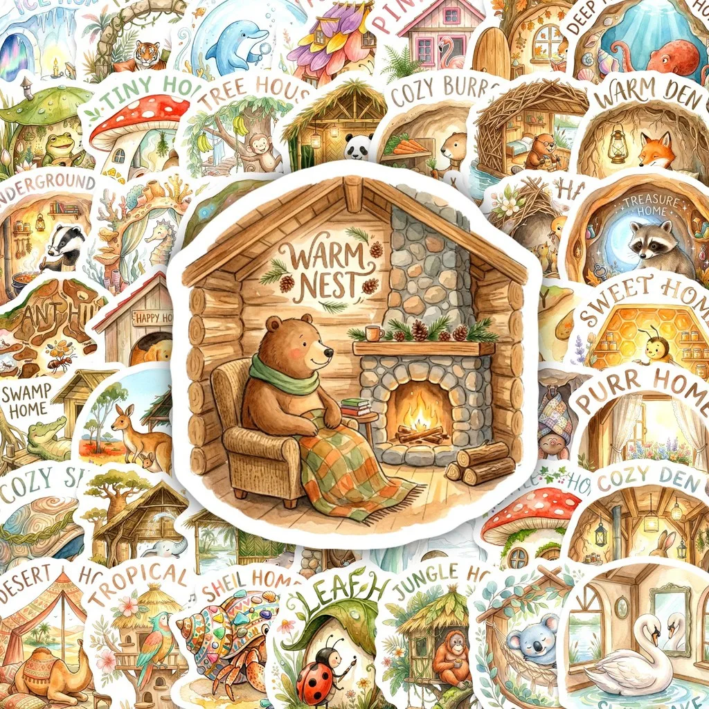 50Pcs Cozy Home Animal Stickers, Cute Cartoon Creature Decals, Waterproof Stickers for Fridge DIY Decor Anime Worlds Store