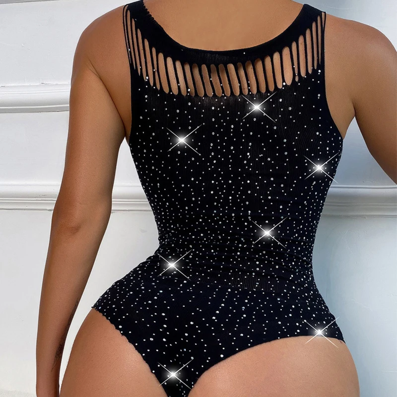 เร้าอารมณ์ Bodysuits สำหรับผู้หญิง Rhinestones เซ็กซี่เลื่อมแฟชั่นรัดตัวฤดูร้อนสื่อลามกชุดชั้นในตาข่ายไนล่อนชุดบอดี้สูท