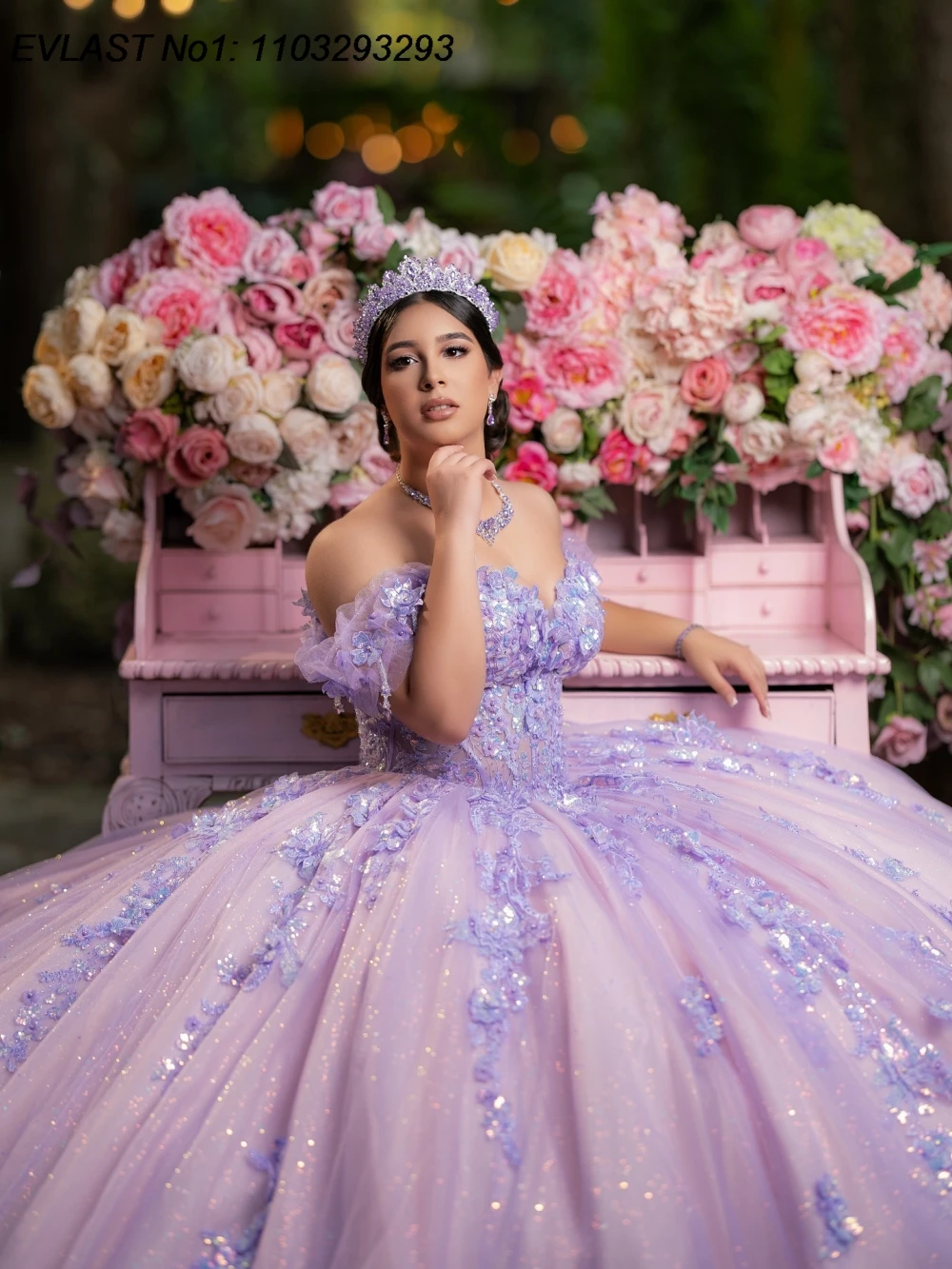 EVLAST Customized Sparkly Lilac Quinceanera Dress Ball Gown Floral Lace Applique Beading Sweet 16 Vestidos De 15 Anos E1QN678