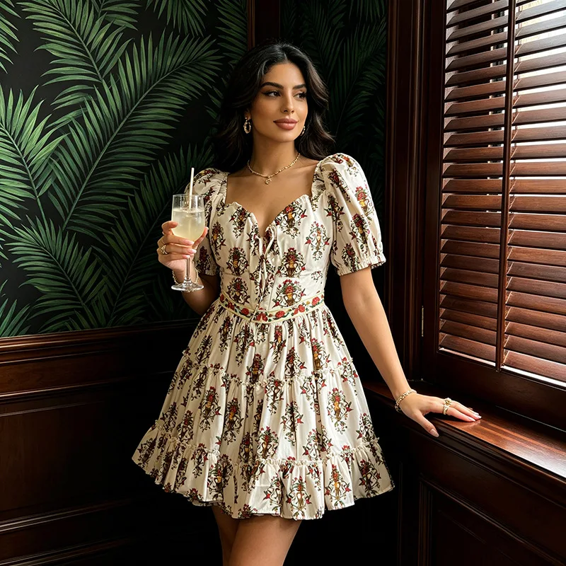 

High Quality Big Swing Printing Dresses Spring Women Puff Sleeve V-neck Retro Dress High Waist Waist Lace Up Zipper Mini Dress