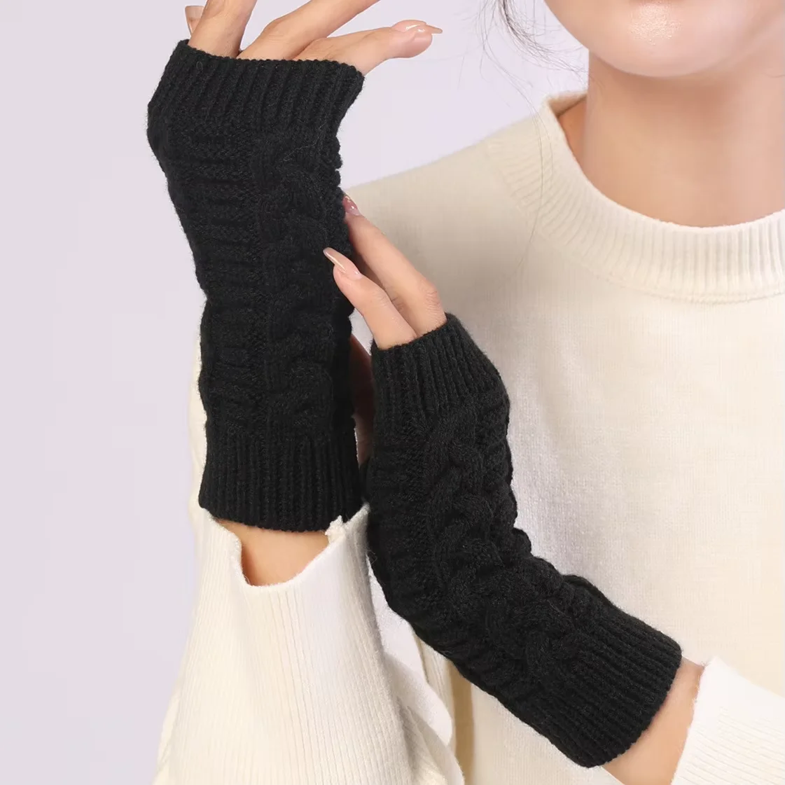 Women\'s half finger gloves are soft and warm in winter, with wool like knitted arm gloves and neutral black and white gloves