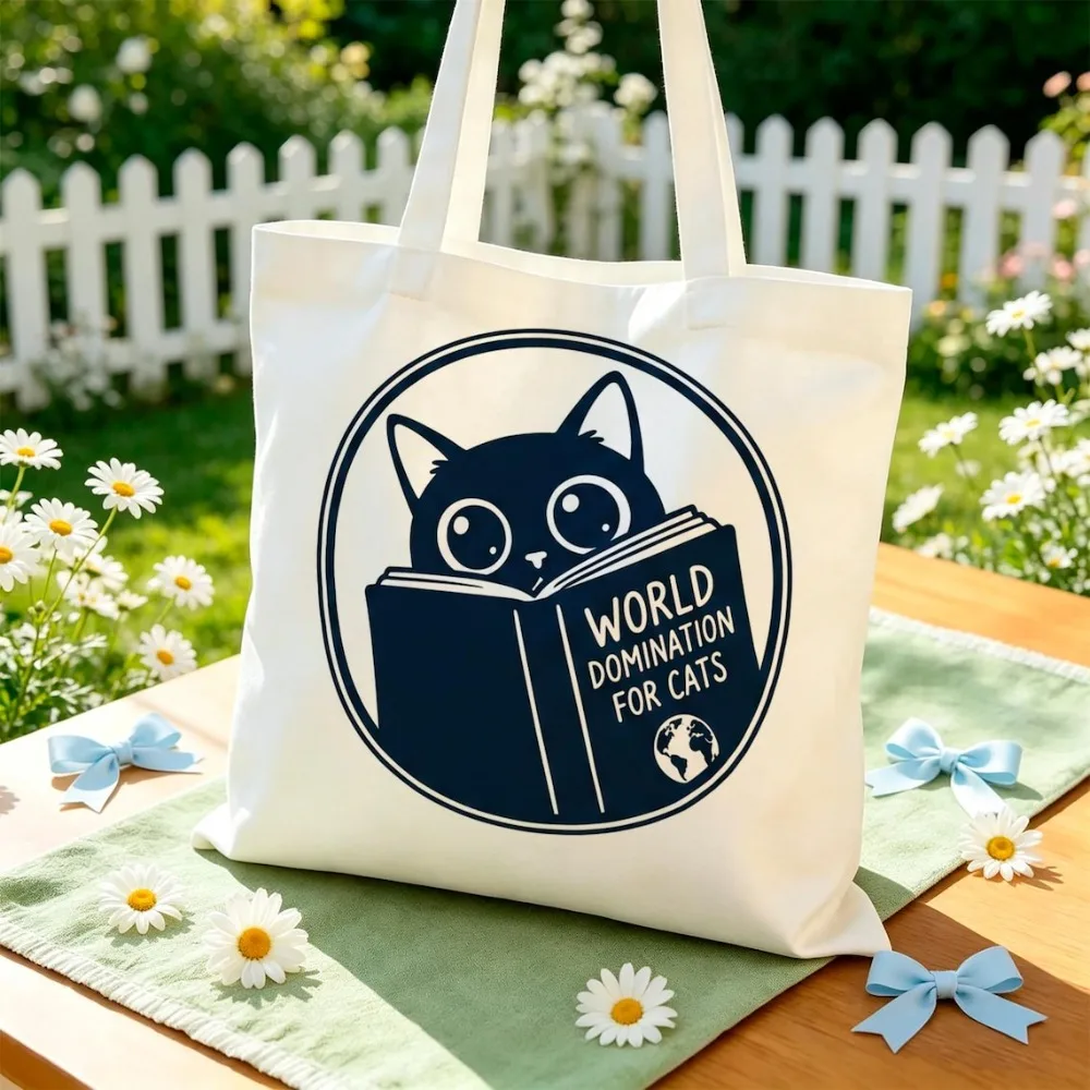 Cute Cat Reading Book Canvas Tote Bag World Domination for Cats Funny Print Shoulder Bag Casual School Shopping Handbag