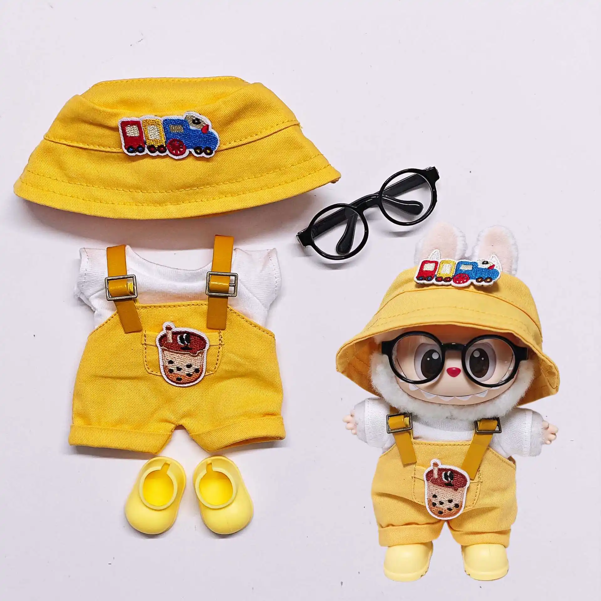 Conjunto de monos inspirados en Bubble Tea con sombrero con estampado de dibujos animados para muñeca de vinilo Labubu de 1a a 3a generación, ropa dulce para Labubu