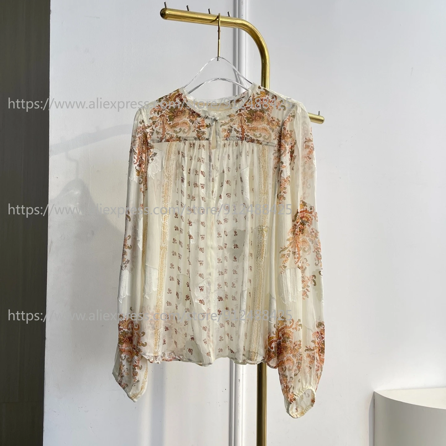

High Quality White Brown Floral Print Long Sleeve Blouse Tops 2026 New
