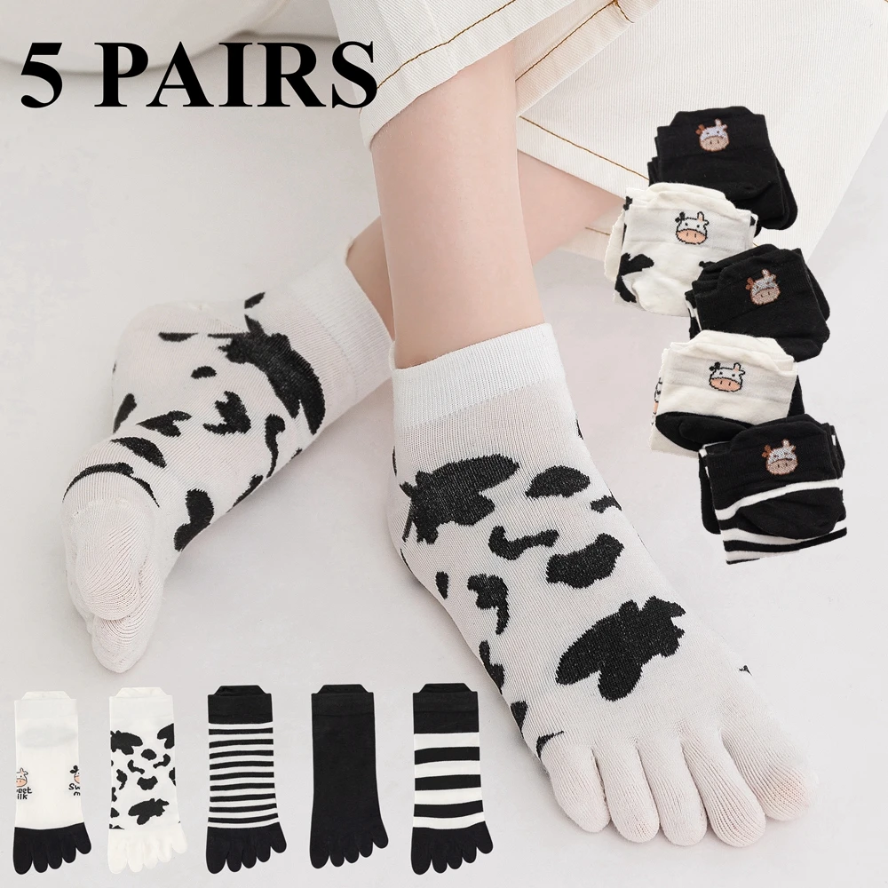 5 Pairs Cute Cow Print Toe Socks Women Kawaii Five Finger Socks Summer Short Ankle Socks with Separate Fingers Korean Fashion