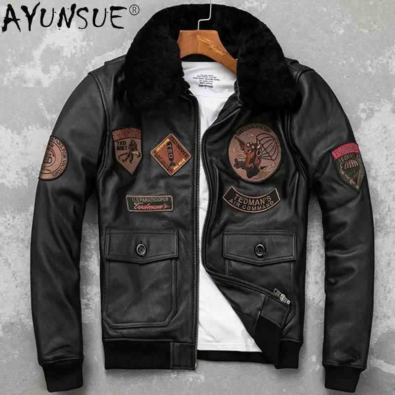 AYUNSUE Genuine Leather Jacket Men Cowhide Jackets Fur Collar Flight Suit Men's Coats Warm Cotton Lining Winter Clothes