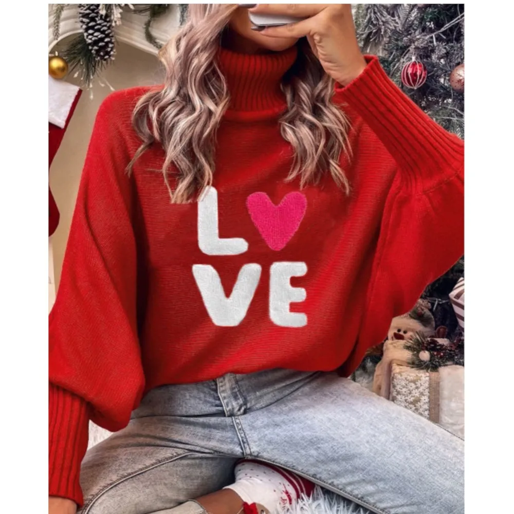 Winter Bat-sleeve Loose Knit Sweater Worn OverFashion Turtleneck Casual Long Sleeved Women Christmas Knitted Embroidered Sweater