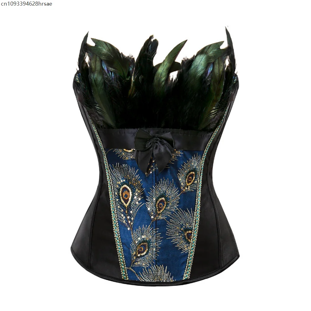 Corsetto overbust da donna sexy con piume di pavone, ricamo principessa, burlesque, gotico, body shaper, bustini, lingerie, top Halloween