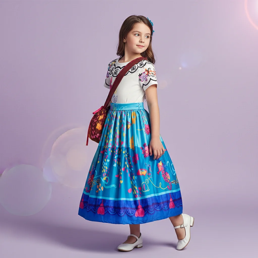 Girls Traditional Mexican Smooth Polyester Fabric Dress with Durable Flower Print for Cultural Festival Or Pageant Costume