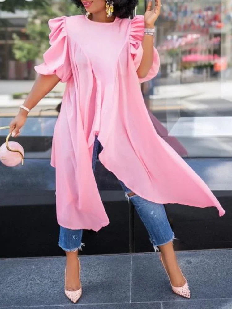Bluzki damskie bluzki z krótkim rękawem plisowana nieregularna długość Casual Fashion O Neck lato afrykańska kobieta lato wiosna różowy biały