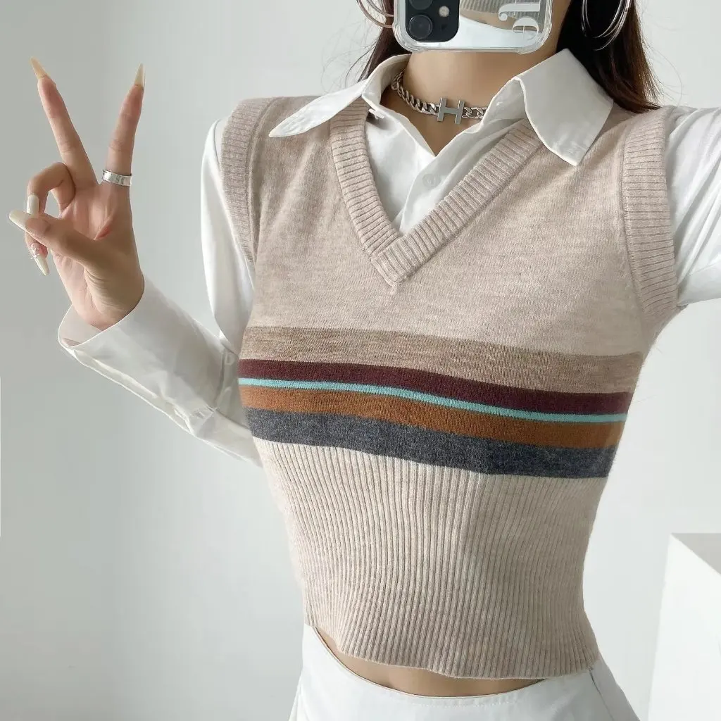 

Women's Vintage Slim-Fit V-Neck Knitted Vest Spring Stretch Short Striped College Style Age-Reducing Fashion Top