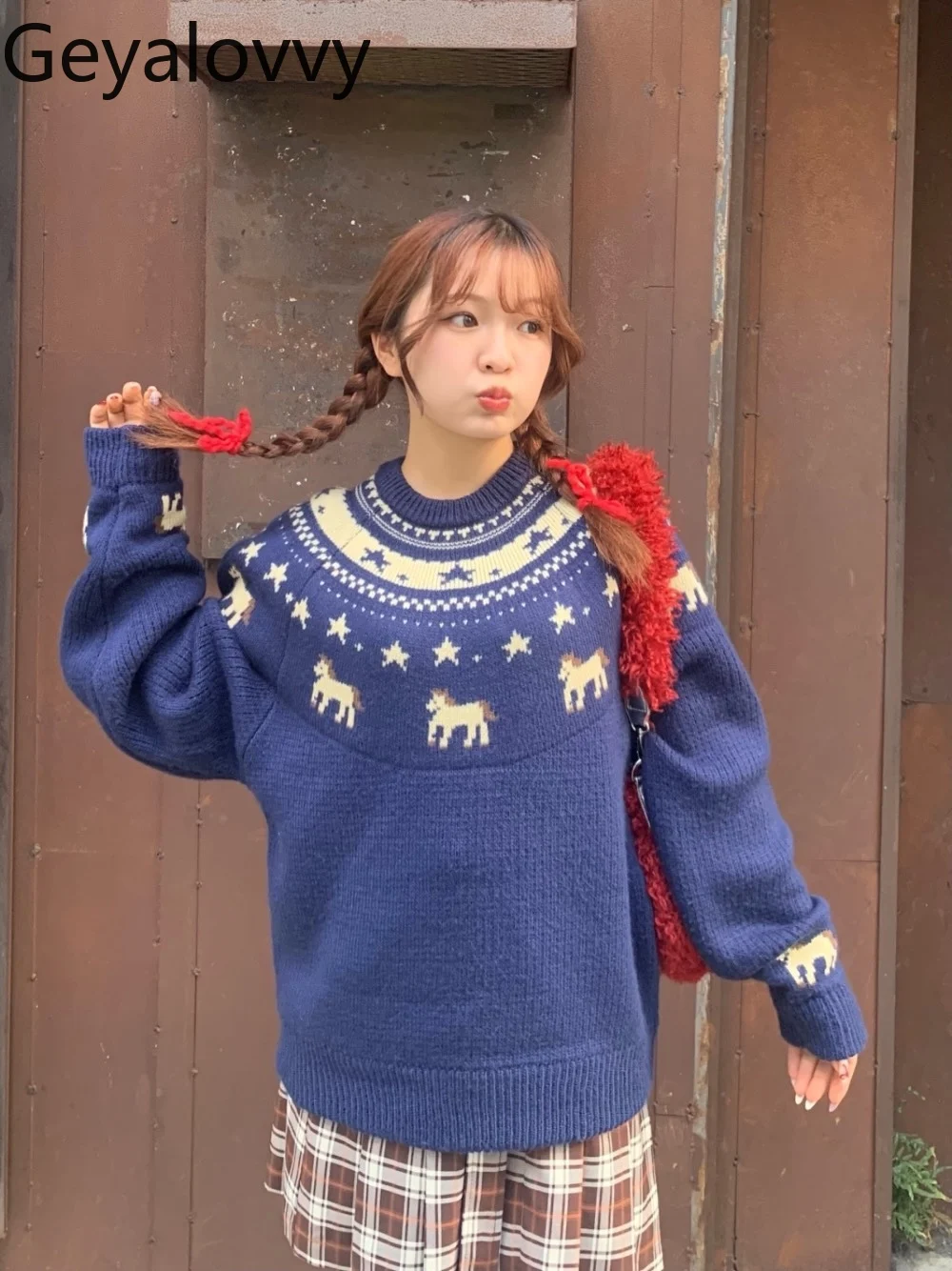 

Japanese Style Autumn Winter New Retro Round Neck Animal Jacquard Ethnic Style Sweater Loose Versatile Blue Knitted Tops