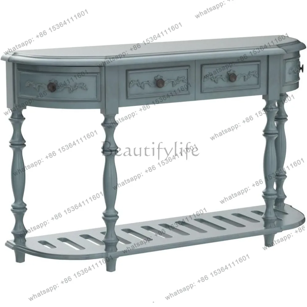 Retro Wood Curved Console Table 52-Inch Half Moon Hall Sofa Table Entryway Table with Drawers & Shelf for Living Room