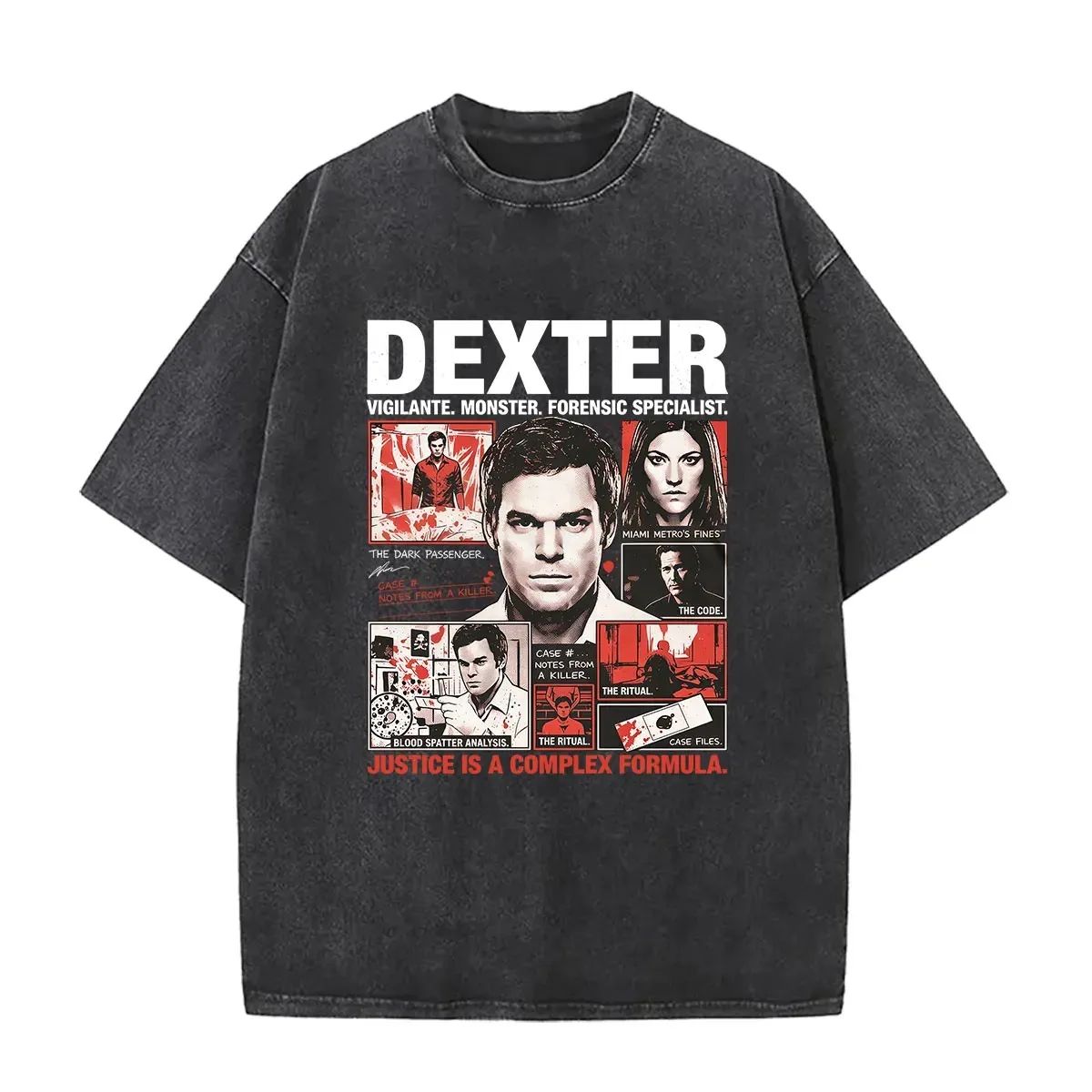 Camiseta Clássica de Moda 2026 com Manga Curta, Nova Camiseta Vintage Lavada Dexter Morgan para Homens e Mulheres, Camiseta Gótica Oversized Streetwear